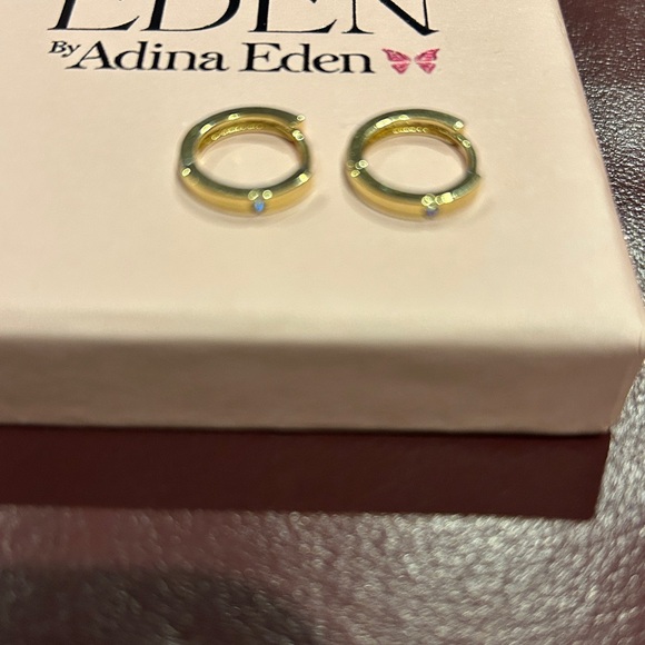 Adina Eden 14k Gold Plated Huggie Hoop Earrings with Single Bezel Set CZ Stone - Picture 7 of 7
